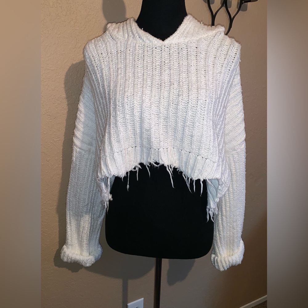 Adorable frayed short sweater with hood.